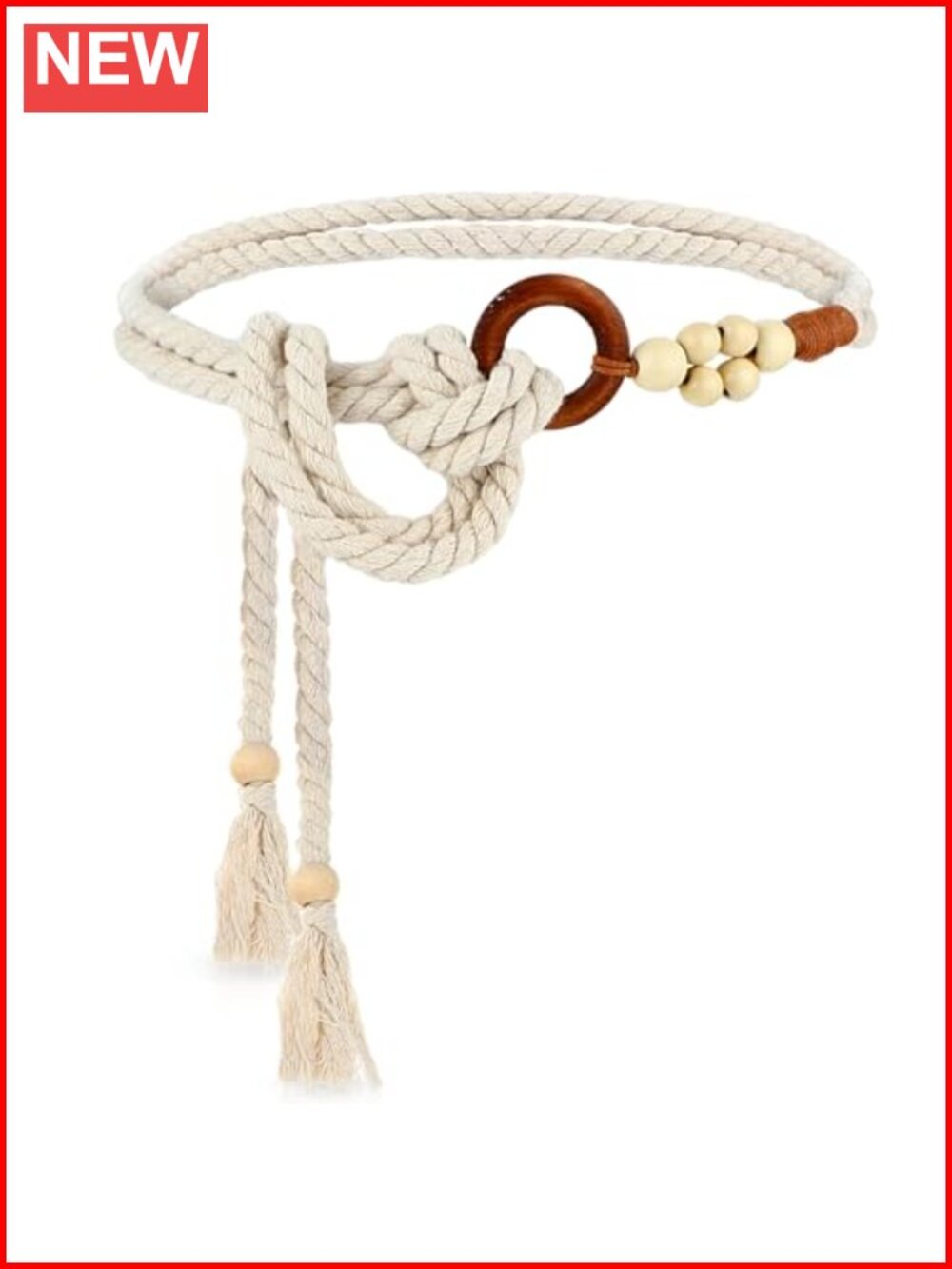 Tassel Braided Waist Belt Woven Wooden Beads Cotton Rope Women's